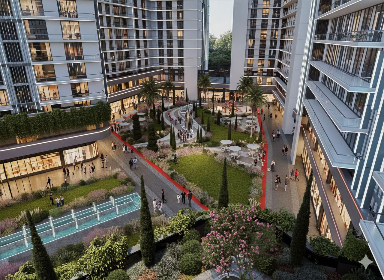 Interior courtyard with landscaping and water features