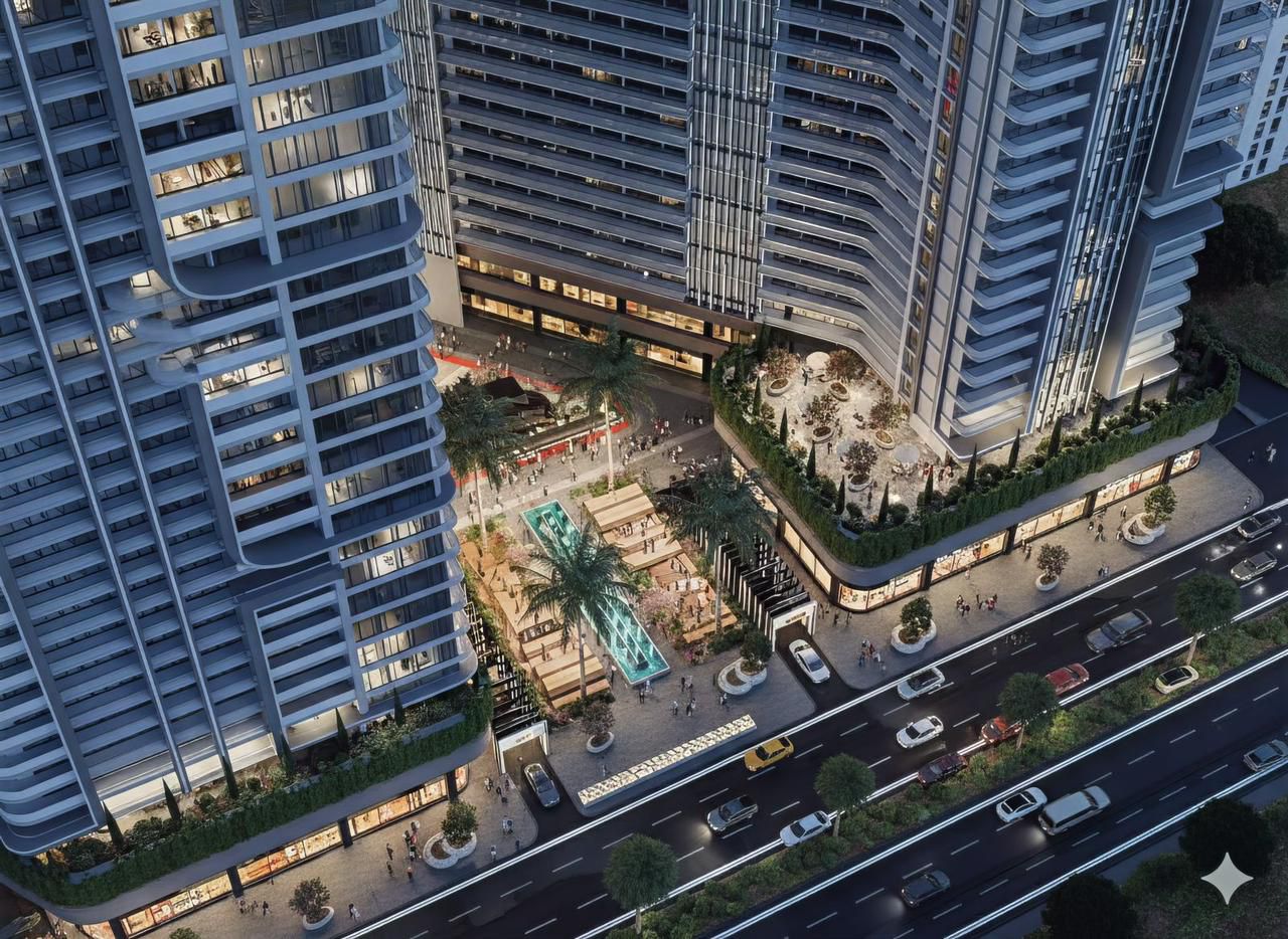 Aerial view of rooftop amenities and landscaping