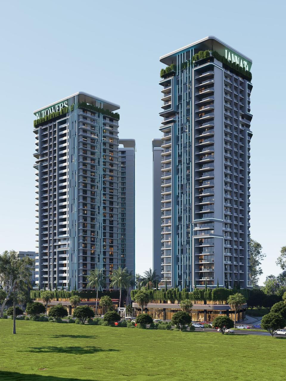 Daytime view from park showing full tower height